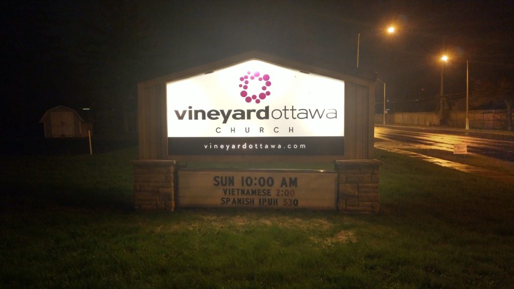 The church sign for Vineyard Ottawa. 